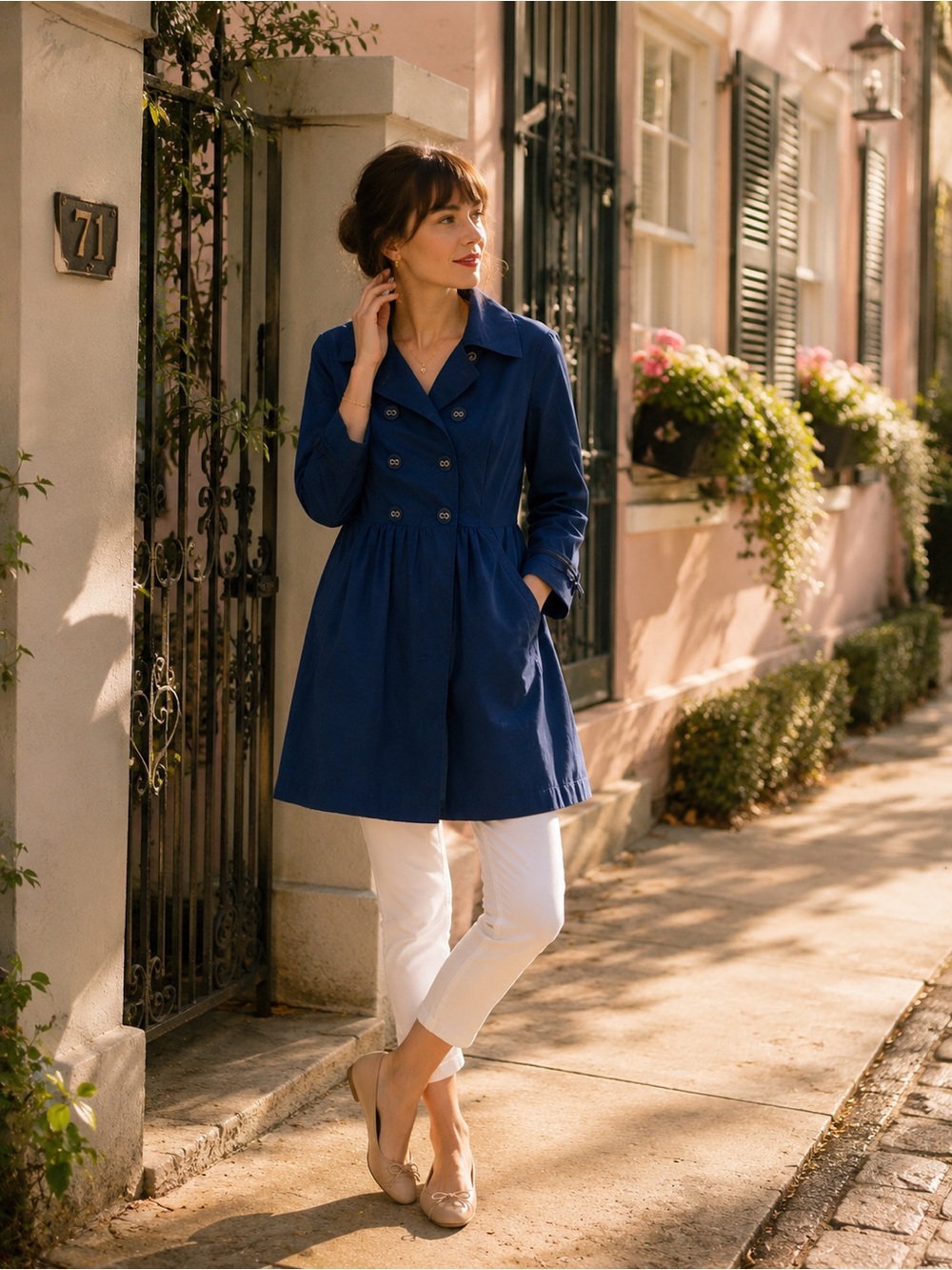 Anthropologie Tulle Royal Blue Double Breasted Cotton Trench Coat Jacket Large - Picture 2 of 16
